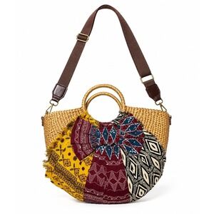 Sam Edelman Jaelynn Bow Tote Bag Patchwork Straw Boho Crossbody Beach Purse